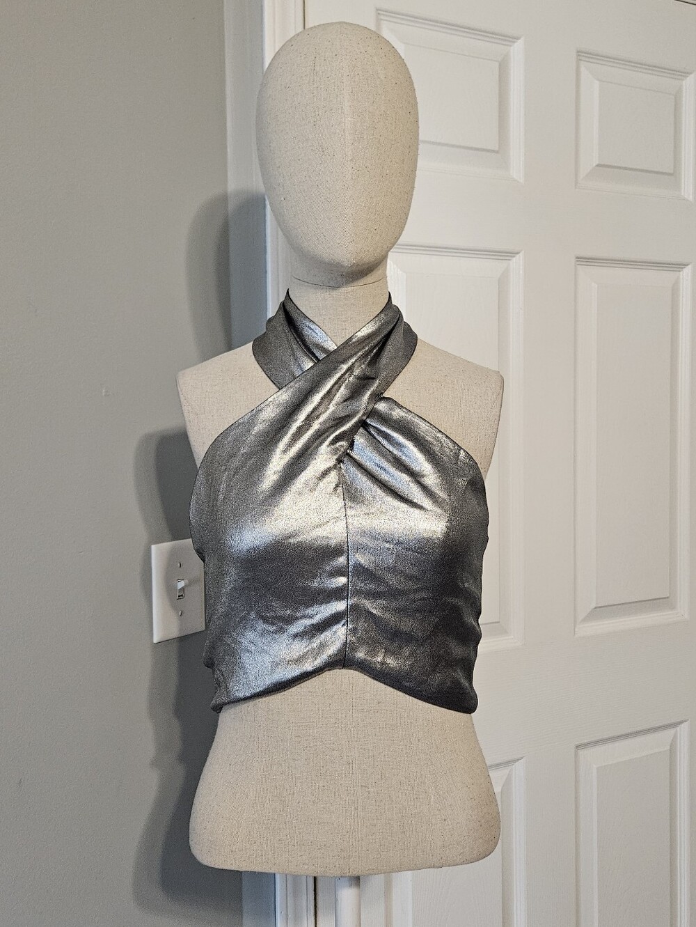 H&M Silver Metallic Cross-Front Crop Top